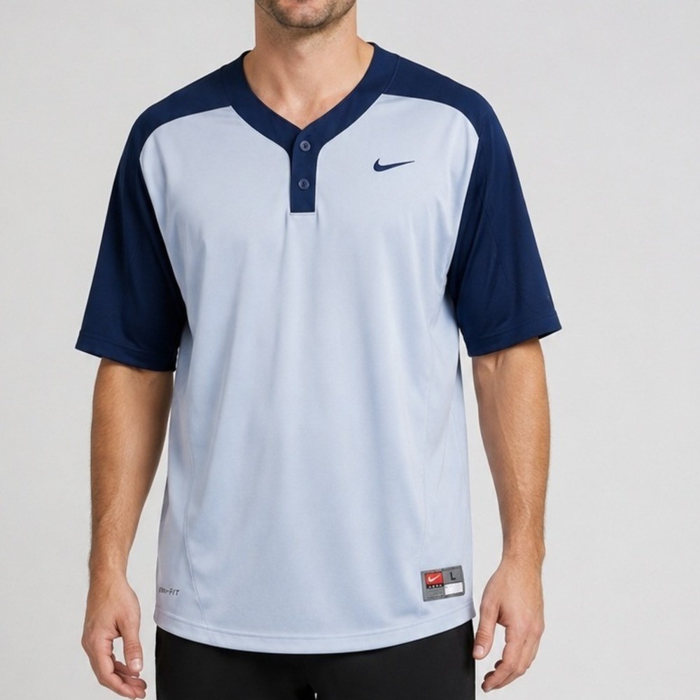 Nike Baseball Jersey Mens L Gray Dri-Fit Henley Short Sleeve Colorblock Sport